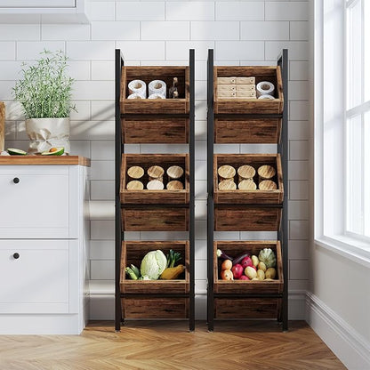 LITTLE TREE 3-Tier Basket Stand, Wooden Floor Stand Shelving Unit, Rustic Standing Organizer Storage Rack for Kitchen, Bathroom, Living Room