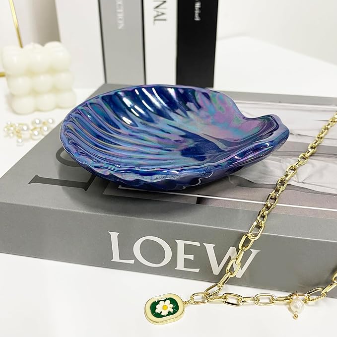Shell Jewelry Holder Dish, Ceramic Seashell Trinket Dish for Women, Cute Room Decor Jewelry Plates for Earrings Ring, Birthday Mother's Day Christmas Gift for Women 3.9", Indigo Iridescent Surface