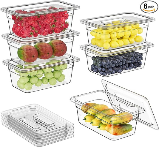 FORITRUE 1/4 4'' 6 Pack Plastic Food Pans With Lids, Clear Food Pan, Commercial Stackable Polycarbonate Freezer-Safe for Fruits Vegetables Restaurant Kitchen