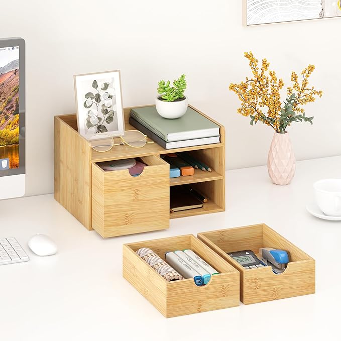 Wisuce Bamboo Desk Drawer Organizer, 3 Drawer Desktop Organizer with Drawers Tabletop Storage Organization Box for Office Home Toiletries Supplies Vanity, No Assembly Required