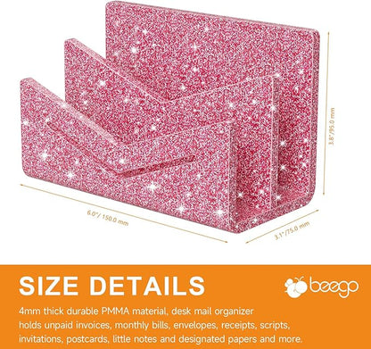 Beego Envelope and Mail Organizer Countertop - 2 Compartments Glitter Pink Acrylic Desk Organizer Letter Holder Desktop File Sorter Bill Document Folder Rack for Office, Home, School