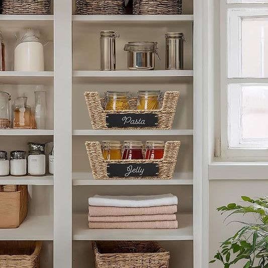 Casafield Set of 2 Seagrass Pantry Baskets with Handles, Chalkboard Labels and Marker - Natural, Wide Woven Storage Bin Organizers for Kitchen Shelves