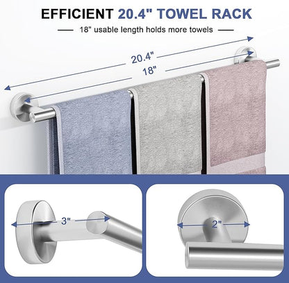 Brushed Nickel Towel Bar, 18 Inch Towel Racks for Bathroom Wall Mounted, SUS304 Stainless Steel Bathroom Towel Holder, Total Length 20.4 Inch Towel Bars