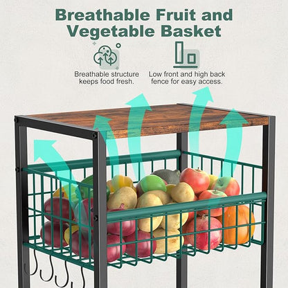 Housolution 5 Tier Kitchen Rolling Cart, Storage Cart with Metal Fruit Vegetable Basket and Pull-Out Pot Lid Cutting Board Organizer, Storage Rack with Wooden Top for Kitchen, Pantry, Bathroom