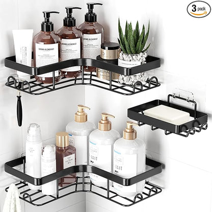 Sakugi Corner Shower Caddy - 3-Pack Shower Organizer with Soap Holder & Built-In Hooks, Rustproof Metal Shower Shelves, Laundry, Kitchen, Bathroom Organizers and Storage Solution, Large, Black