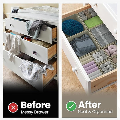 Drawer Organizer – 12 Pack Foldable Beige Fabric Storage Bins for Baby Clothes, Dresser, Closet, Towels, Socks, Diapers | Nursery & Bedroom Drawer Dividers for Home Organization