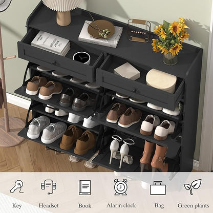 Shoe Cabinet with 4 Flip Drawers & 2 Storage Drawers, Rustic Farmhouse Narrow Shoe Organizer Cabinet, Slim Shoe Rack Cabinet, Shoe Storage Cabinet for Entryway, Hallway, Front Door