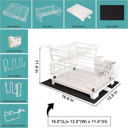 BOOSINY 2 Tier White Large Stainless Steel Dish Drainers Drying Rack for Kitchen Counter with Drainboard, Rust Proof Metal, Space Saving, Modern Aesthetic, Compact Plates Strainers with Extra Mat