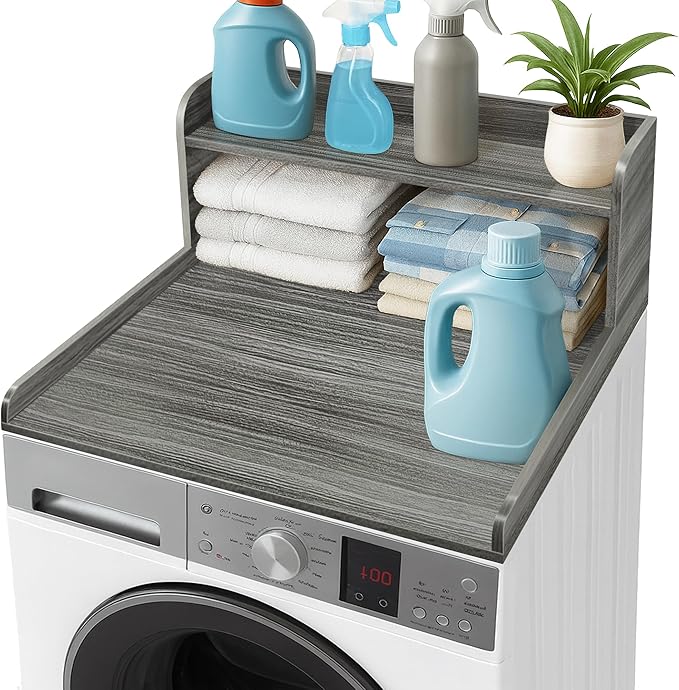 Royxen Washer Dryer Countertop with Shelf,2-Tier Laundry Countertop for Single Washer and Dryer,Soild Wood Core Washer Dryer Topper for Laundry Room Organization (Eucalyptus)