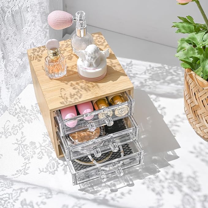 Ikee Design Bamboo Makeup Organizer, Desktop Drawer Organizer with Three Clear Acrylic Drawers, Office Desk Organizer for Lipsticks, Cosmetics, Jewelry, and Accessories for Vanity, Home