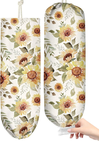 Plastic Bag Holder Organizer - 1 Pack Reusable Canvas Grocery Bags Holder Hanging Wall Cute Aesthetic Shopping Bag Storage Dispenser with Drawstring Closure for Kitchen Home, Sunflower