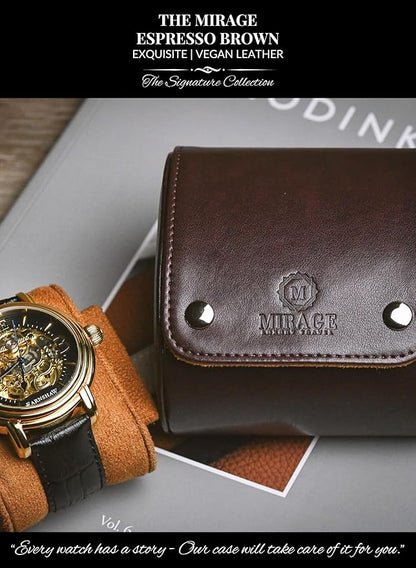Single Watch Case Travel Box - Watch Travel Case for Men – Single Watch Roll - Espresso Brown Swiss Motif Vegan Leather
