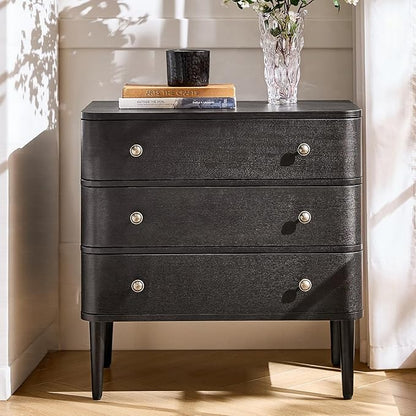 HULALA HOME Modern End Table with Charge Station, 3 Drawer Wood Side Table with Solid Wood Legs & Adjustable Feet, Curved Design End Table, Charcoal