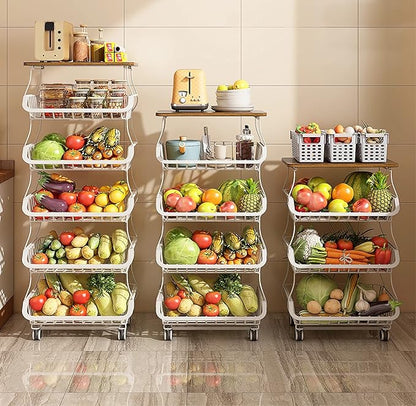 MURRI&MURRDI Fruit Vegetable Storage Basket with Wooden Lid, 6 Tier Stackable Kitchen Cart with Wheels, Tall Produce Snack Racks Display, Narrow Rolling Cart for Pantry Onion Potato, White