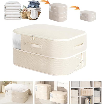 Compression Storage Bags for Bedding, 68L Ultra Space Saving Self Compression Organizer with Transparent Window, Used for Storing Comfortable Blankets,Bedding,Pillows,Clothes (Beige 21x16x11 in)