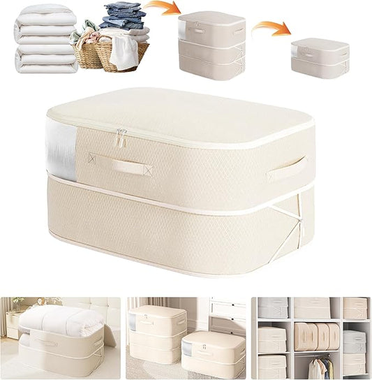 Compression Storage Bags for Bedding, 68L Ultra Space Saving Self Compression Organizer with Transparent Window, Used for Storing Comfortable Blankets,Bedding,Pillows,Clothes (Beige 21x16x11 in)