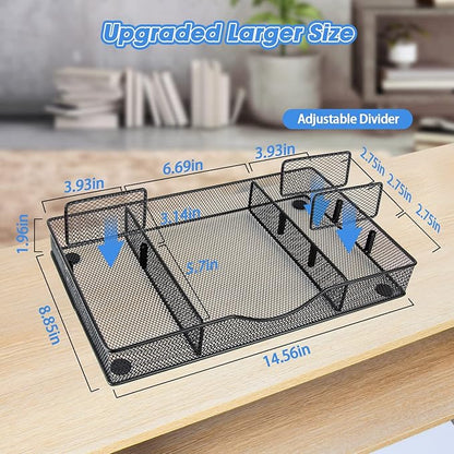 VyGrow Desk Drawer Organizer, Metal Mesh Drawer Organizer Tray with 6 Adjustable Compartment, Tray Organizer for Desktop, Kitchen, Bathroom, Makeup, Vanity - 14.5x8.8x1.96 inch, Black, 1PC Large