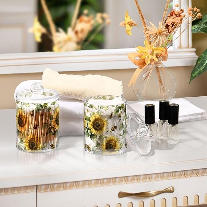 MNSRUU 2 Pack Qtip Holder Organizer Dispenser Flower Sunflower Bee Bathroom Storage Canister Cotton Ball Holder Bathroom Containers for Cotton Swabs/Pads/Floss
