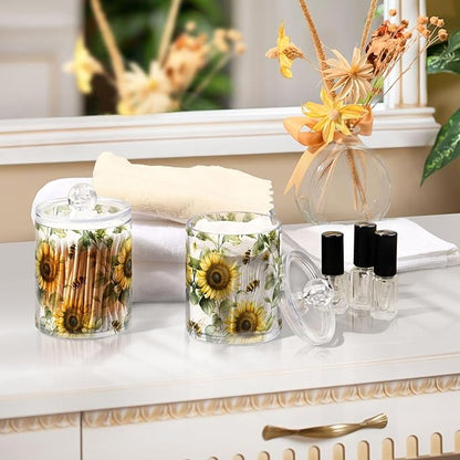 MNSRUU 2 Pack Qtip Holder Organizer Dispenser Flower Sunflower Bee Bathroom Storage Canister Cotton Ball Holder Bathroom Containers for Cotton Swabs/Pads/Floss