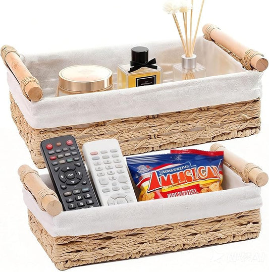 Storage Basket Wicker Baskets for Organizing, Storage Bins for Countertop & Toilet Paper, Toilet Tank Top Organizer (Set of 2, Beige)
