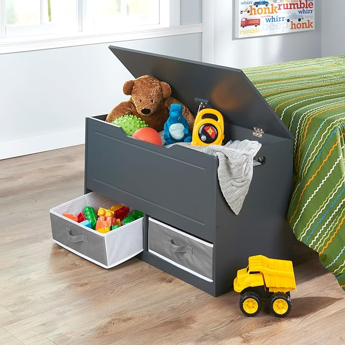 Badger Basket Toy Box and Storage Bench - Chest and Seat Combo with 2 Reversible Baskets, Safety Hinge Lid - Kids Toy Organizer for Playroom or Bedroom - Charcoal