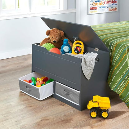 Badger Basket Toy Box and Storage Bench - Chest and Seat Combo with 2 Reversible Baskets, Safety Hinge Lid - Kids Toy Organizer for Playroom or Bedroom - Charcoal