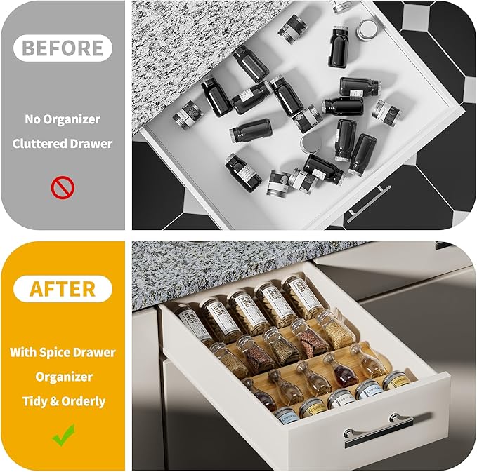 OHHLIHOME Bamboo Spice Drawer Organizer - 4 Pack 13"x4.7"x1.6" Spice Rack Tray - Spice Jars Drawers Insert - Seasoning Organizer for Drawers/Countertop (Jars not included)…