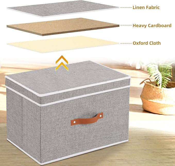 Collapsible Storage Bin with Lid, Linen Collapsible Box, 15 x 9.8 x 9.8 Inch Storage Basket with Double Handles for Laundry Bathroom, Grey, 1-Pack