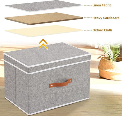 Collapsible Storage Bin with Lid, Linen Collapsible Box, 15 x 9.8 x 9.8 Inch Storage Basket with Double Handles for Laundry Bathroom, Grey, 1-Pack