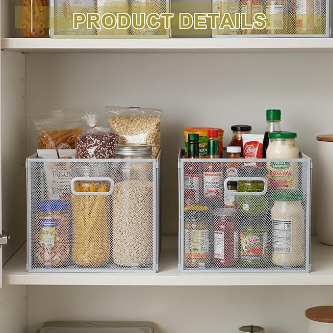 2 Pcs Foldable Metal Cube Storage Baskets 13x13 Kitchen Wire Baskets Stackable Mesh Laundry Organizer Bin with Handles for Shelves Kitchen Pantry Cabinets Closet Food (Gray)
