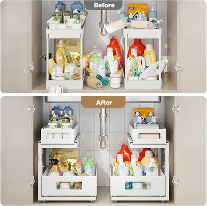 2 Pack Under Sink Organizer With Next-Gen Ball-Bearing Slides,2-Tier Pull Out Cabinet Storage,Height Adjustable Drawer Shelf for Bathroom,Kitchen,Laundry,Cabinet,Pantry(Patent Pending)