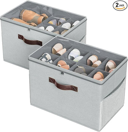 Budding Joy 2 Pack Shoe Organizer for Closet, Clear Foldable Shoe Storage Containers Adjustable Dividers Fits 16 Pairs,Shoe Storage Bins Baskets Boxes with Reinforced Handles Light grey