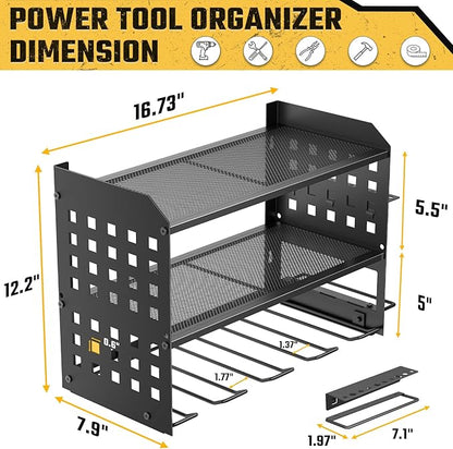SPACECARE Power Tool Organizer, Drill Holder Wall Mount with 2 Side Pegboards with Hooks, 3 Layer Garage Organization Heavy Duty Tool Organizers Utility Rack for 4 Drill Holders Black