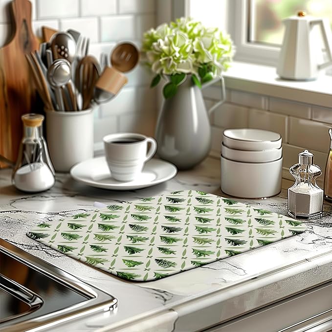 Wnoesat Christmas Dish Drying Mat for Kitchen Counter 16x18 Inch Sage Green Xmas Tree Drying Mats Winter Holiday Dish Drainer Pad Microfiber Absorbent Dish Draining Mat for Coffee Bar
