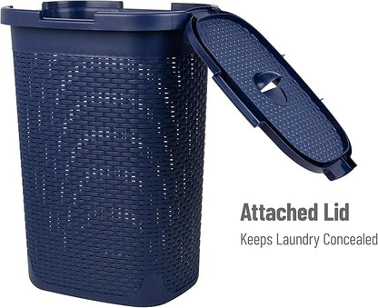 Mind Reader Slim Laundry Hamper with Lid, 60L Clothes Basket, Premium Wicker Design, Plastic, Navy
