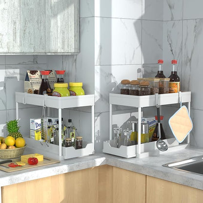 DEKAVA Cabinet, 2 Pack Under Sink Organizer, 2 Tier Sliding Bathroom Kitchen Organizer, Large White ABS Baskets, Easy Install & Clean