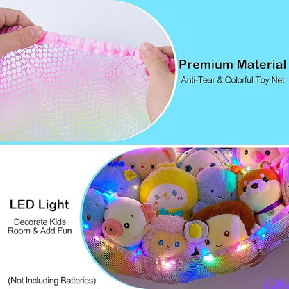 Unicorn Castle Stuffed Animals Net or Hammock Kids Toy Storage Organizer with LED Light Hanging Corner Stuffed Animals Holder Kids Girls Room Decor,Rainbow-A,Large (Pack of 2)