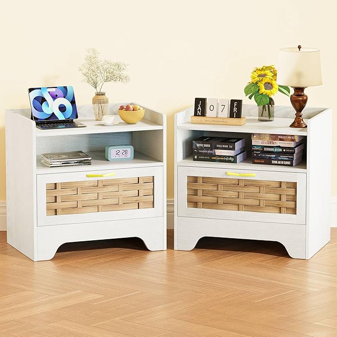 HOCAT 24" Rattan Nightstand Set of 2, White Bedside Table with Semi Open Cubby, Boho Night Stand with Farmhouse Arched Base for Bedroom, Side Table, End Table for Dorm