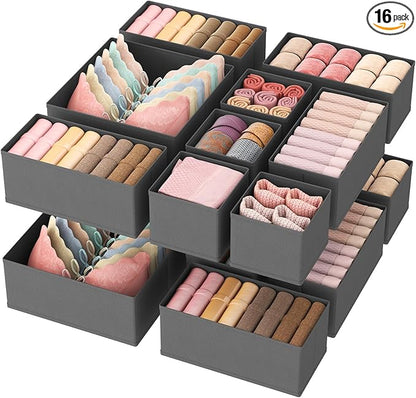 Lifewit 16 Pack Drawer Organizer, Dresser Underwear Drawer Organizer Bins, Foldable Fabric Closet Organizers, Storage Drawer Dividers, Dorm Room Essentials for Clothing, Socks, Towels, Ties Gray