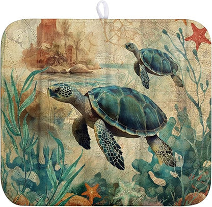 Wnoesat Vintage Ocean Sea Turtle Dish Drying Mats for Kitchen Counter 16 X 18 Inch Summer Turtle Dish Mat Drying Kitchen Mat Nautical Coastal Absorbent Drying Mat with Hanging Loop, 240219