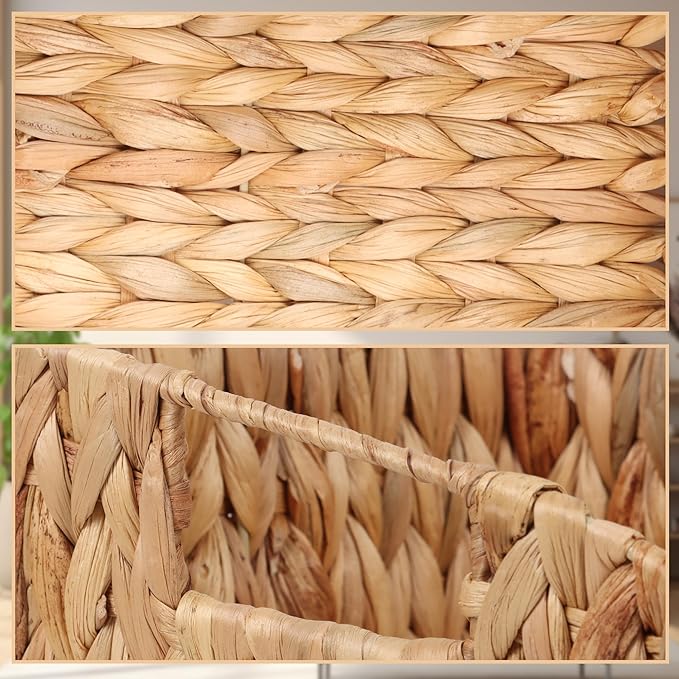 FEILANDUO Wicker Basket with Handles, Handwoven Storage Basket for Pantry, Trapezoid Decorative Baskets for Shelves Home Organizer (Natural(Water Hyacinth), 9.05"L x 11"W x 7.08"H)