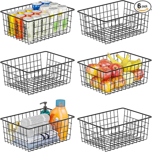 SUFAUY 6 Pack Utility Wire Shelves for Storage and organization, Sturdy Steel Large Metal Basket with Handle, Stackable Organizer, Black