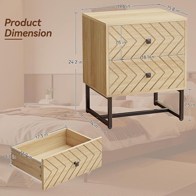 HOCAT Modern Nightstand with Two Storable Drawers,Sturdy Bedside Table Space-Saving Night Stand with Black Metal Legs for Bedroom,Oak