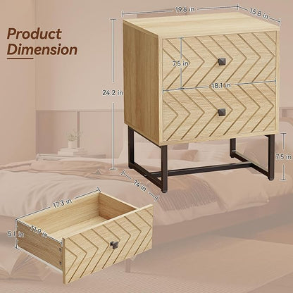 HOCAT Modern Nightstand with Two Storable Drawers,Sturdy Bedside Table Space-Saving Night Stand with Black Metal Legs for Bedroom,Oak