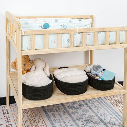 CubesLand Small Cotton Rope Storage Basket Set 5, Shelves Baskets for Organizing with Handle, Decorative Closet Storage Bins for Countertop Toilet Paper Basket for Toilet Tank Top,Black Basket