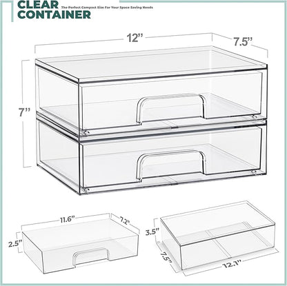 Sorbus Wide Stackable Acrylic Storage Drawers, 2 Pack Clear Plastic Organizer Bins for Baby Bottles, Makeup, Bathroom, Vanity & Countertop Organization, Pull-Out Drawer Design for Cabinets & Pantry