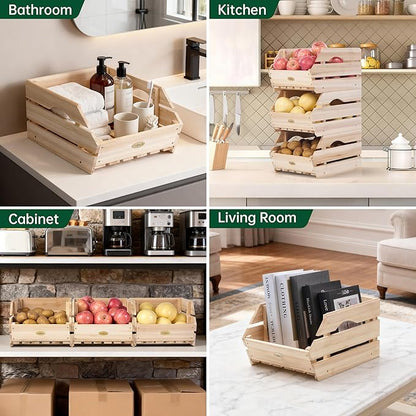 Wood Potato Onion Storage Bins - Wooden Stackable Produce Basket - Fruit Vegetable Storage for Kitchen Pantry Organization, Set 3 Pieces