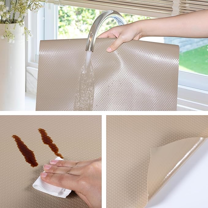 Beige Shelf Liners for Kitchen Cabinets Non Adhesive Drawer Liner for Bathroom Waterproof Refrigerator Liners for Shelves Fridge Plastic Mats Cabinet Cupboard Liner 17.5 x 236.2 Inches x 2 Rolls