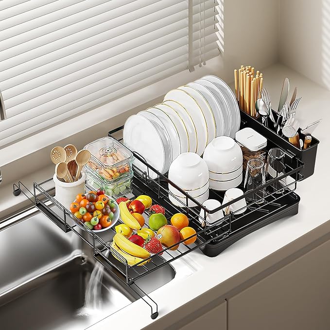 Oroonoko Extendable Dish Drying Rack,Large Drying Dish Drainer for Kitchen Counter, Stainless Steel Dish Strainer with Utensil Rack and Adjustable Feet for Sink