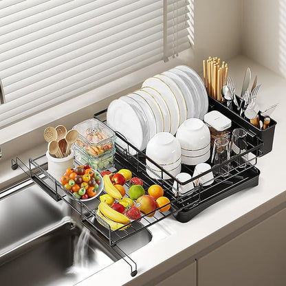 Oroonoko Extendable Dish Drying Rack,Large Drying Dish Drainer for Kitchen Counter, Stainless Steel Dish Strainer with Utensil Rack and Adjustable Feet for Sink